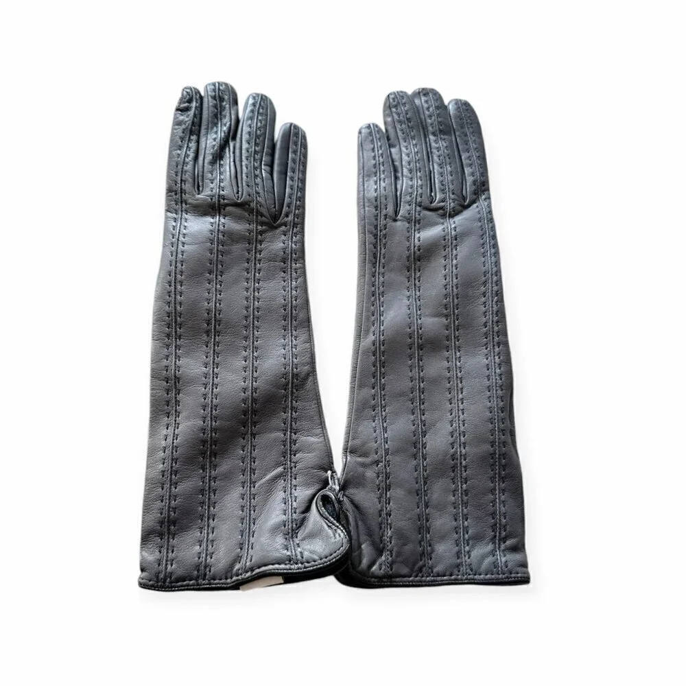 New Sermoneta Kid Leather Cashmere Lined Gloves, Medium‎ Length, Gray, size 7.5